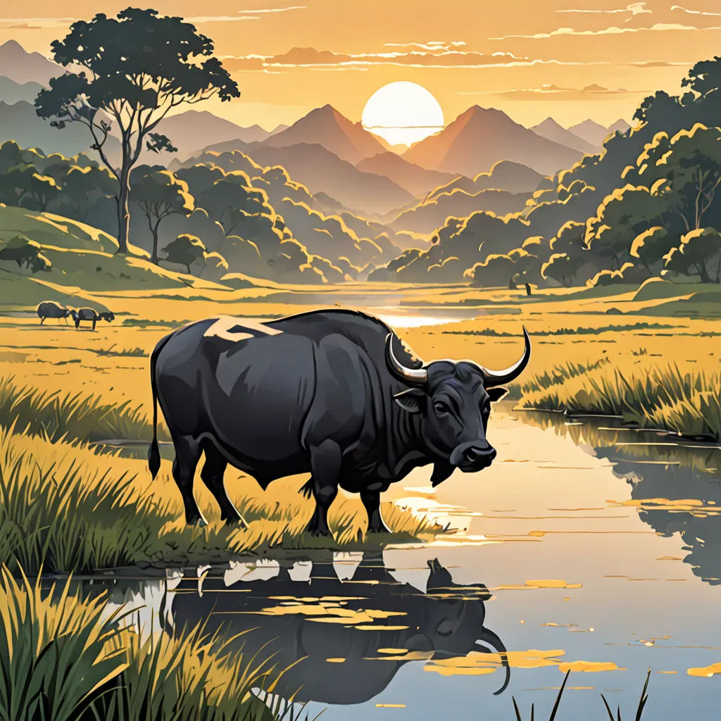 a painting of a bull standing in a field next to a river at sunset with mountains in the background, Dan Mumford, sumatraism, a comic book panel, josan gonzales and dan mumford