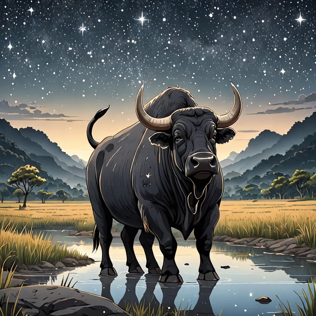 a bull standing in a field with a mountain in the background and stars in the sky above it, and a pond in the foreground, Dan Mumford, naturalism, an album cover, detailed illustration