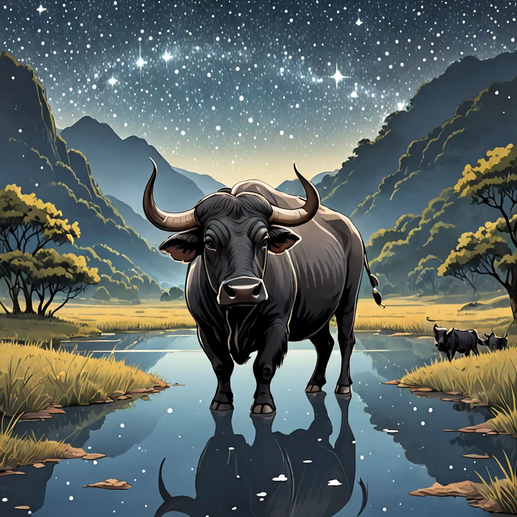 a bull standing in a river with mountains in the background and stars in the sky above it, and a reflection in the water, Dan Mumford, naturalism, a storybook illustration, josan gonzales and dan mumford