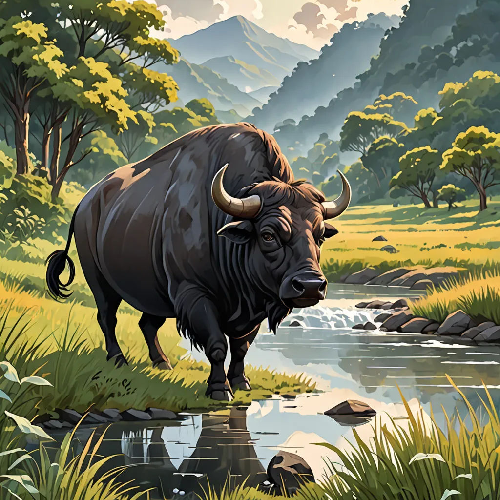 a painting of a buffalo standing in a field next to a river and mountains in the background with a stream running through it, Dan Mumford, american scene painting, a storybook illustration, high detail illustration