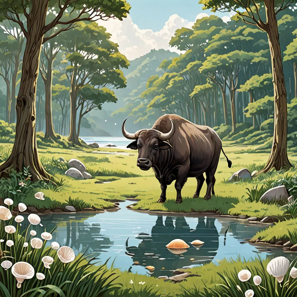 a bull standing in a forest next to a river and trees with white flowers on the ground and a few white flowers on the ground, Chris LaBrooy, naturalism, a storybook illustration, storybook illustration