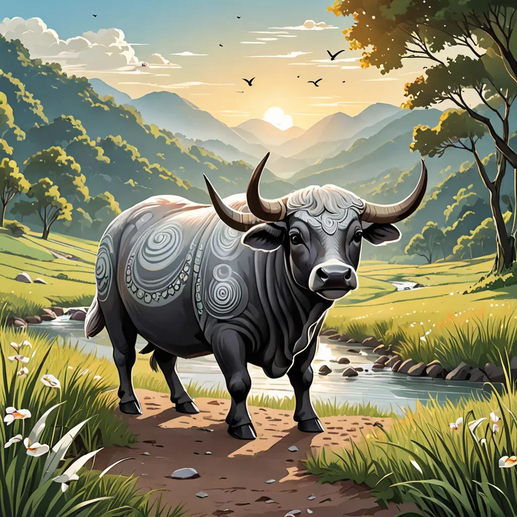 a bull standing on a dirt path near a river and mountains with birds flying overhead in the sky above, Dan Mumford, folk art, an airbrush painting, highly detailed digital painting