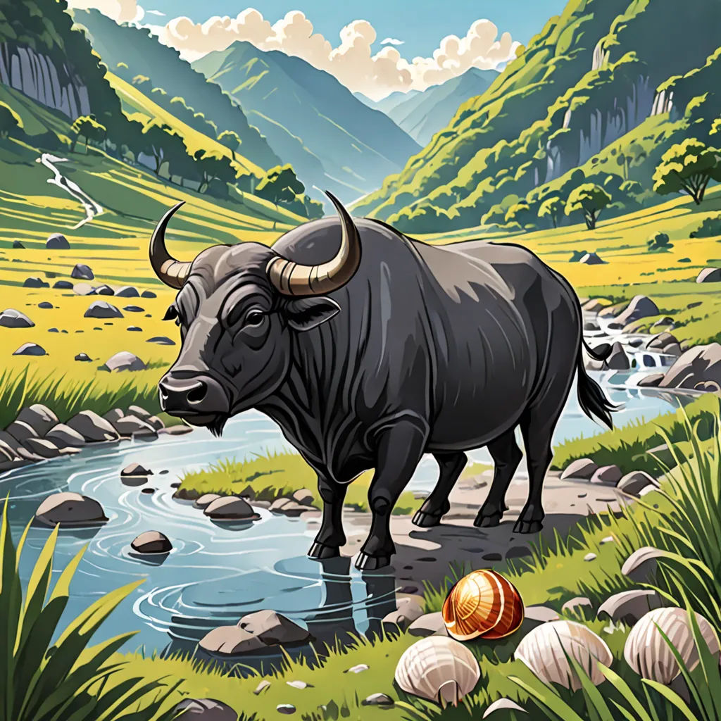 a bull standing in a field next to a river and mountains with rocks and grass on the ground and a ball in the foreground, Dan Mumford, precisionism, a storybook illustration, high detail illustration
