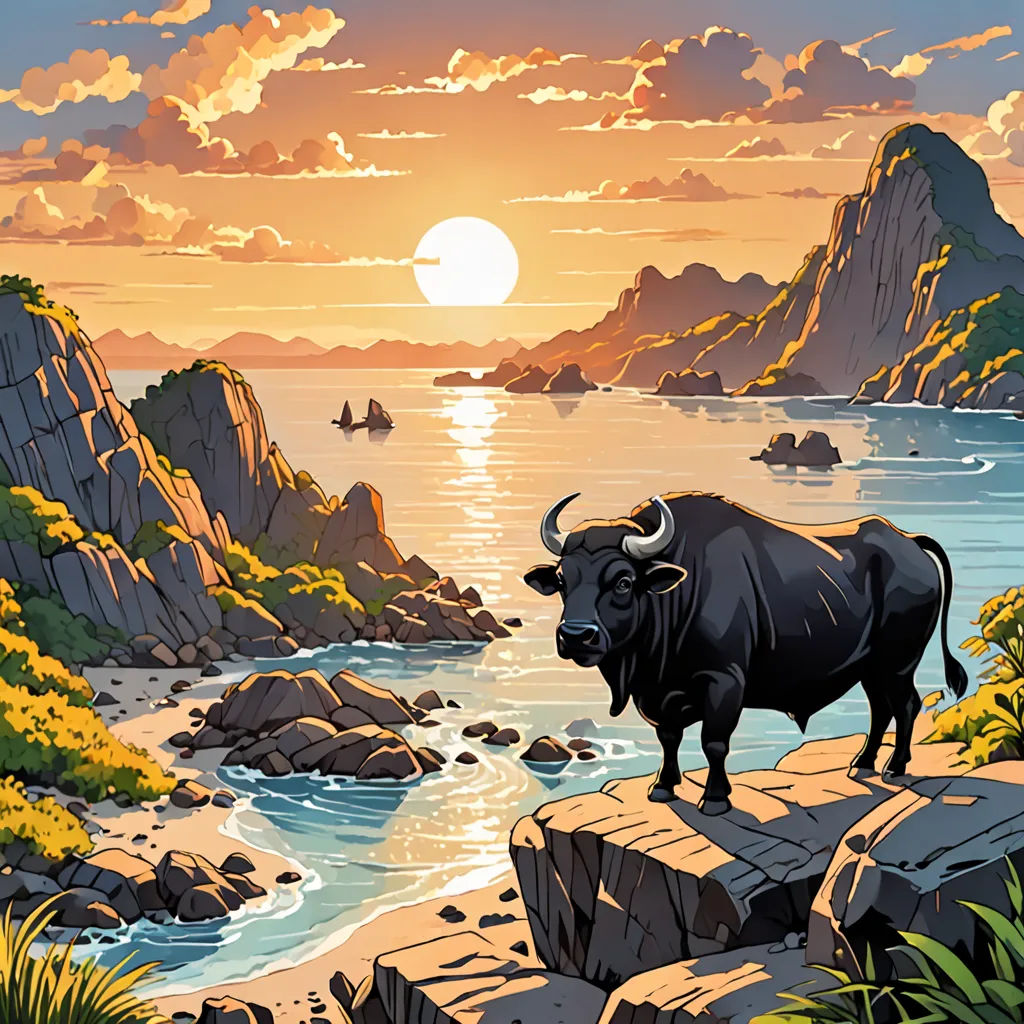 a painting of a bull standing on a rock near the ocean at sunset with a boat in the distance, Dan Mumford, lyco art, a comic book panel, josan gonzales and dan mumford