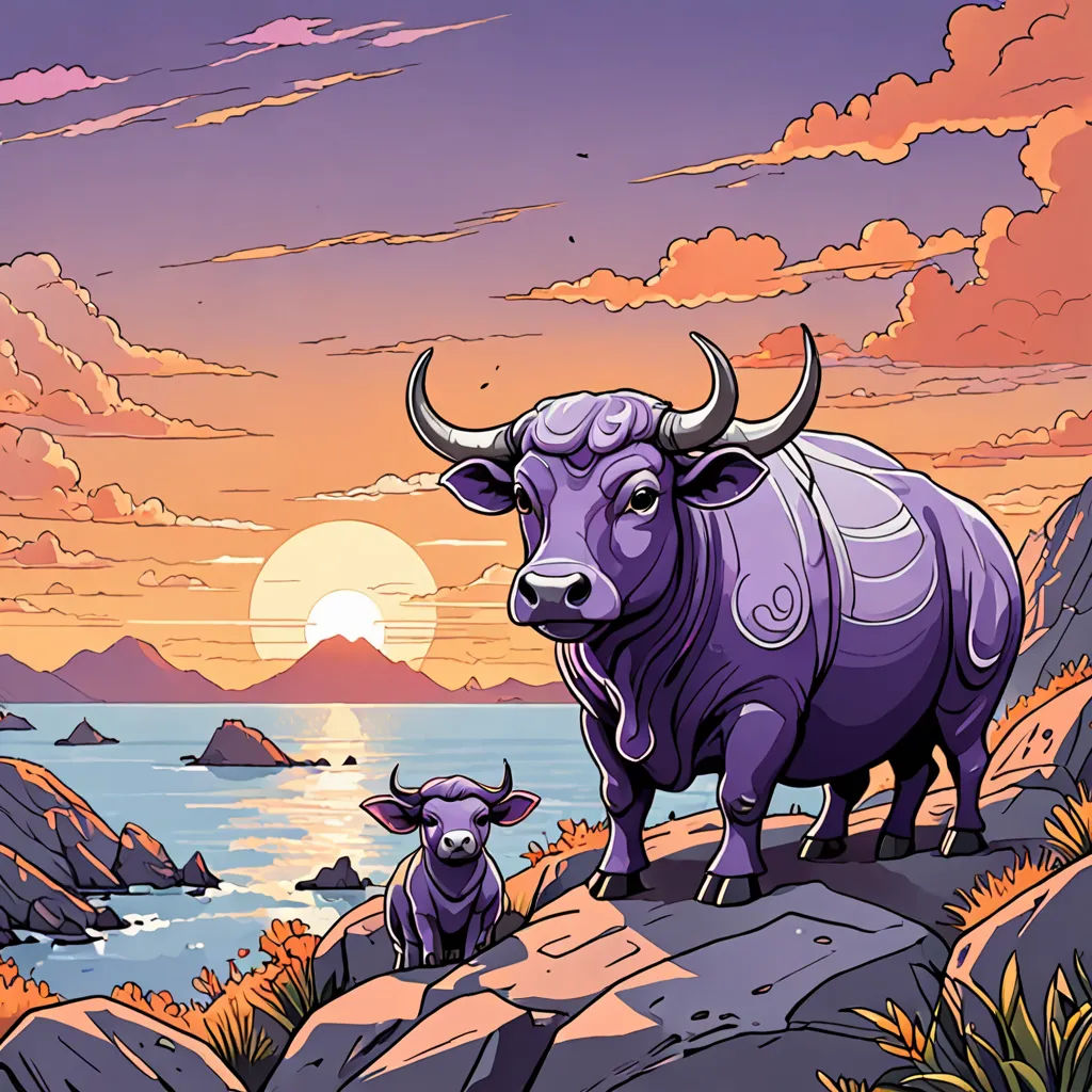 a purple bull and calf standing on a rocky cliff overlooking a body of water with a sunset in the background, Dan Mumford, lyco art, computer graphics, purple