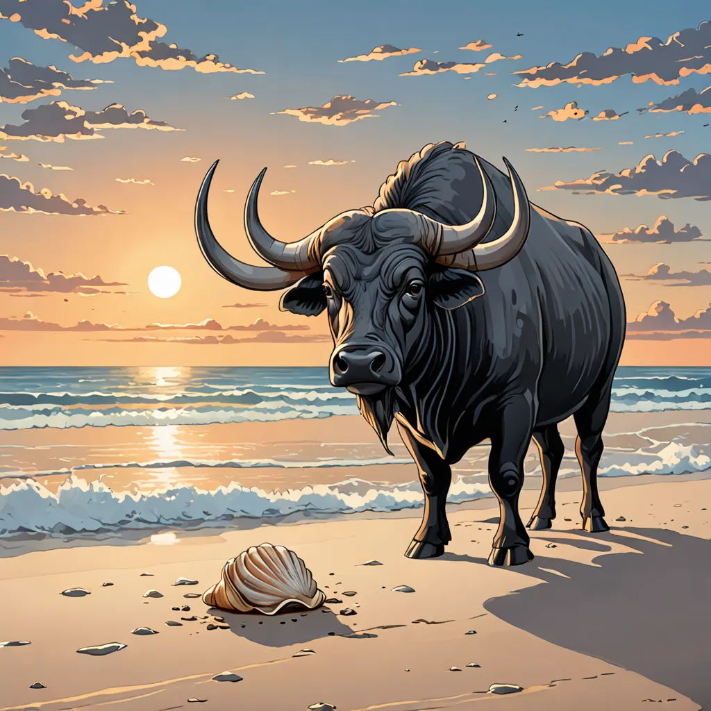a bull standing on a beach next to a shell in the sand and a sunset in the background with clouds, Dan Mumford, rayonism, a raytraced image, raytracing