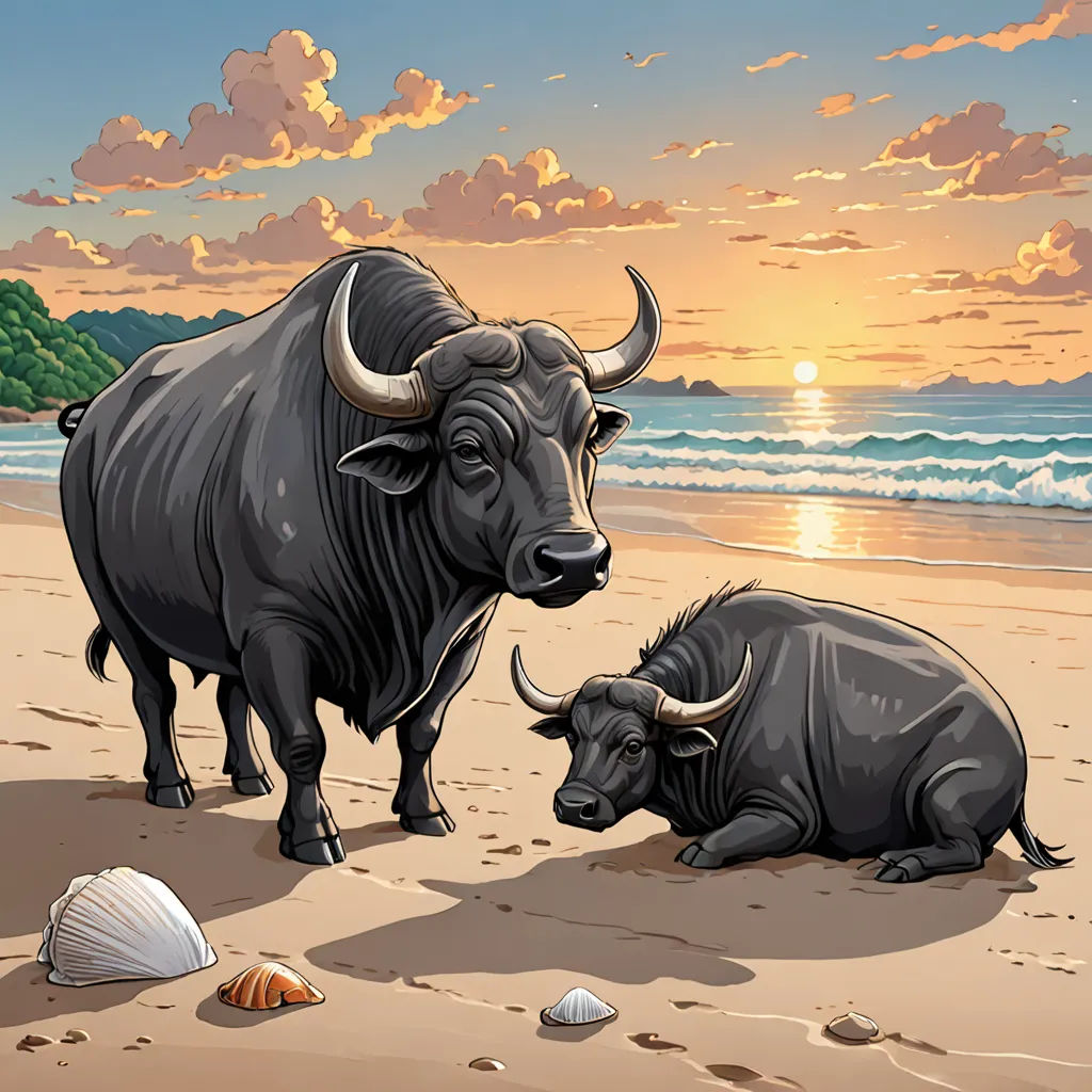 a couple of animals that are on a beach near the water and sand and shells on the ground and a sunset, Dan Mumford, sumatraism, a storybook illustration, detailed illustration