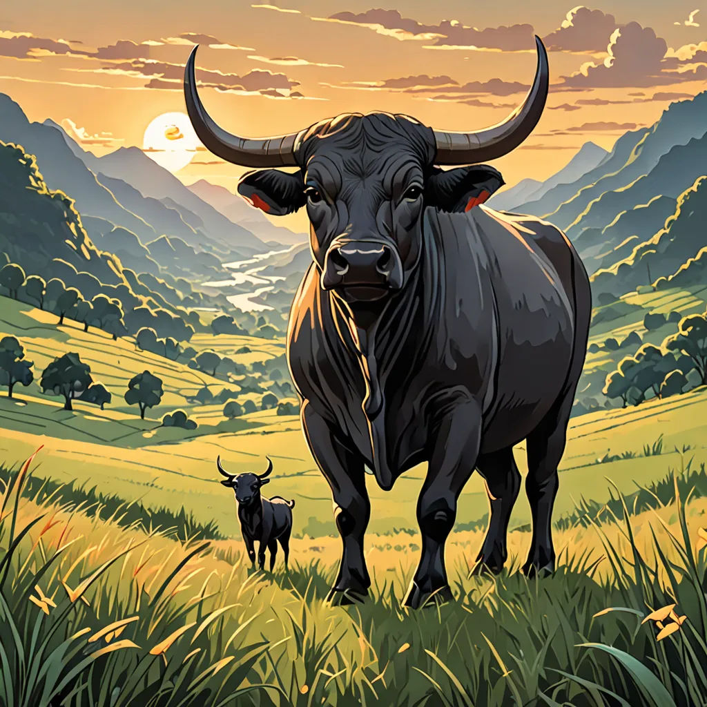 a bull and a calf standing in a field with mountains in the background at sunset or dawn with a full moon, Dan Mumford, lyco art, a storybook illustration, josan gonzales and dan mumford