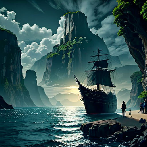 a pirate ship sailing through a rocky ocean next to a cliff face covered in clouds and a full moon