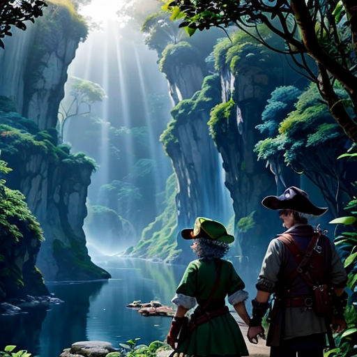 a painting of two people standing in front of a river with a waterfall in the background and sunlight streaming through the trees