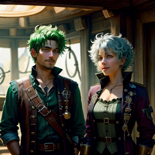 a man and a woman in costume standing next to each other in a room with clocks on the walls