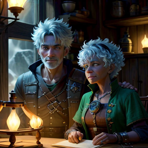 a man and woman sitting at a table in a room with a lamp and a book in front of them