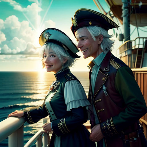 a couple of people that are standing on a boat together in the water and smiling at the camera with a ship in the background