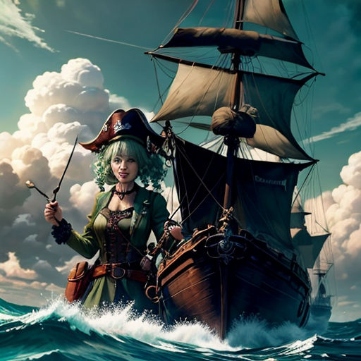 a woman in a green dress standing on a boat in the ocean with a pirate ship in the background