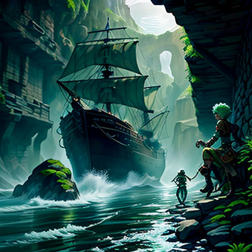 a man standing on a rock next to a boat in a river with a cave in the background and a man standing on a rock