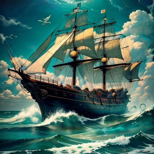 a painting of a ship in the ocean with a full moon in the background and a bird flying over it