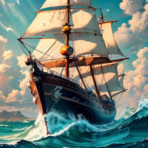 a painting of a ship in the ocean with a sky background and clouds above it, with a sunbeam
