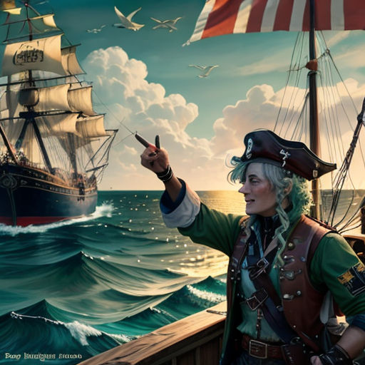 a painting of a woman pointing at a ship in the ocean with a flag flying in the wind and a bird flying in the sky