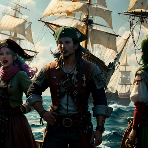 a group of people standing on top of a boat in the ocean next to each other with pirate ships in the background