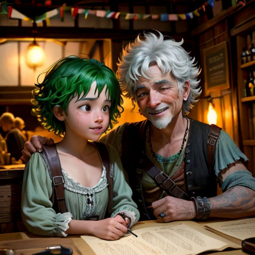 a man and a little girl are sitting at a table with a book and pen in front of them