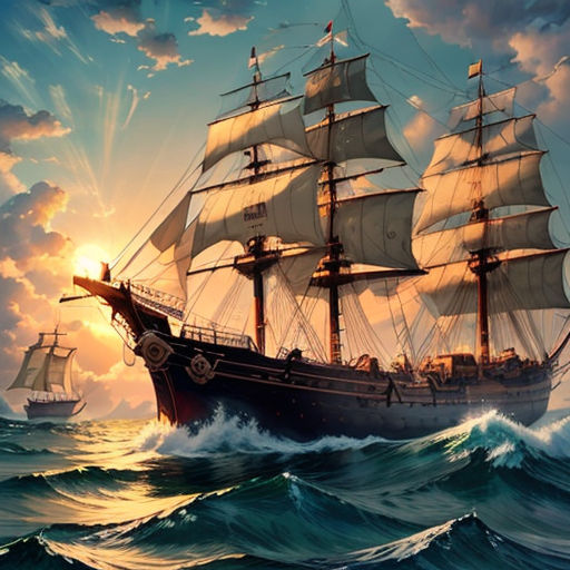 a painting of a ship sailing in the ocean at sunset with a sun behind it and a boat in the water