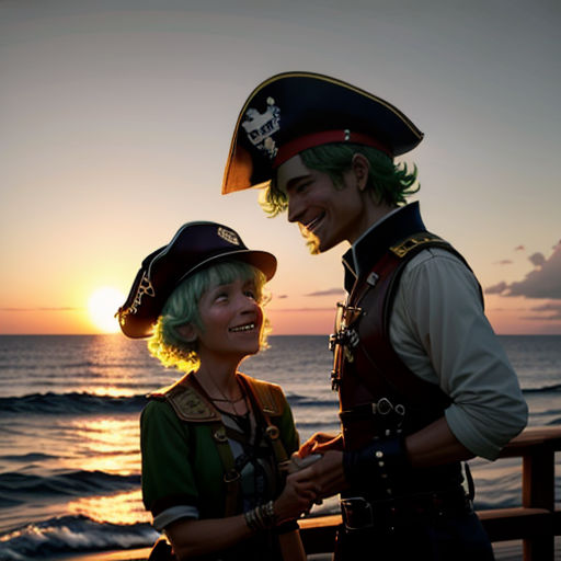 a man and woman dressed in pirate costumes standing next to each other on a beach at sunset with the sun setting