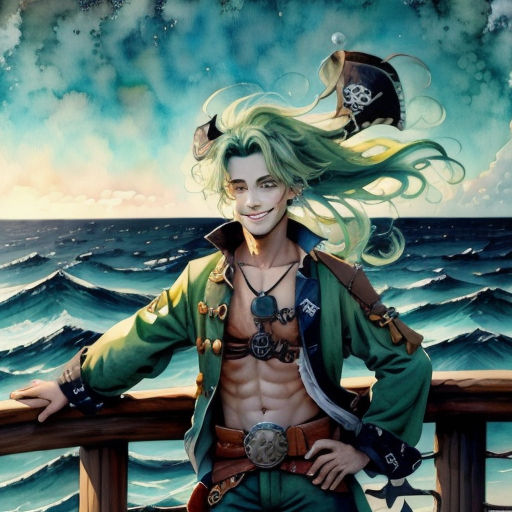 a painting of a man with long hair and a pirate hat on a deck overlooking the ocean with a pirate ship in the background