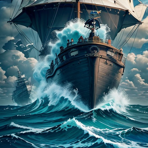 a ship in the ocean with a lot of waves around it and a sky background with clouds and a full moon
