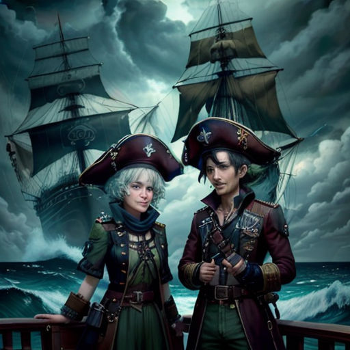 two people standing next to each other near a ship in the ocean with a full moon in the background