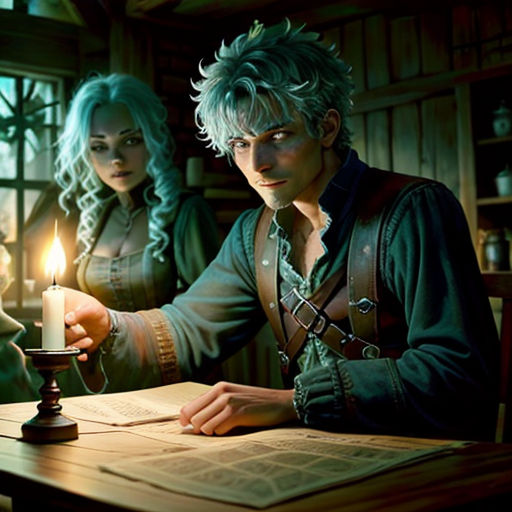 a man and woman sitting at a table with a candle in front of them, in a room with books