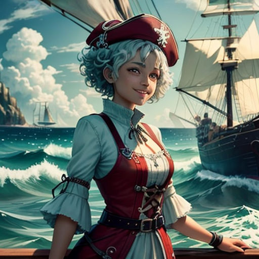 a woman in a red and white dress standing on a boat in the ocean with a pirate ship in the background
