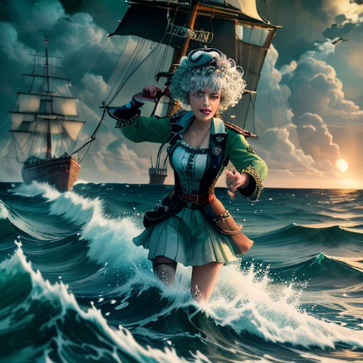 a woman in a dress is standing on a boat in the ocean with a pirate ship in the background