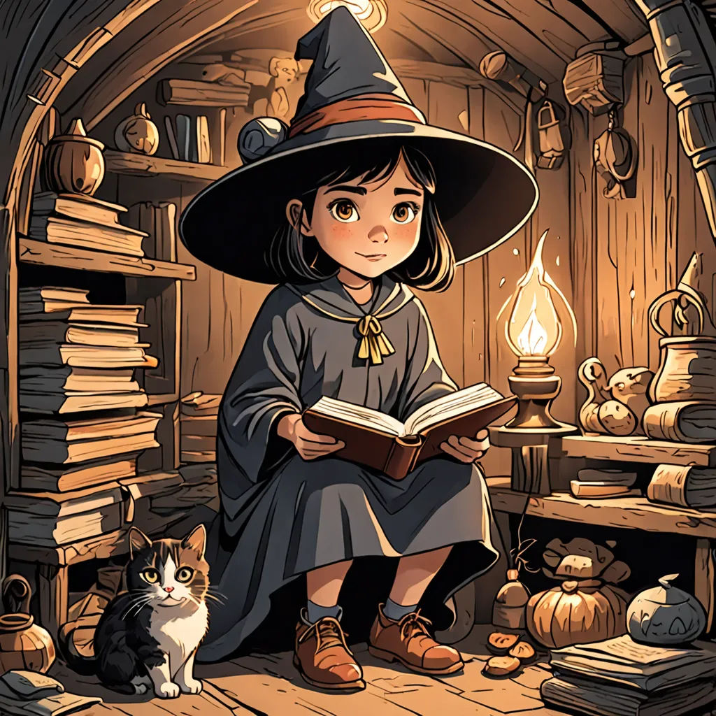 a little girl in a witch costume reading a book with a cat sitting next to her on the floor, fantasy art, a storybook illustration, Colin Middleton, official art