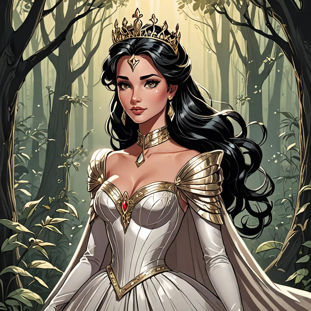 a woman in a white dress standing in a forest with a crown on her head and a crown on her head, fantasy art, a character portrait, Anne Stokes, rossdraws global illumination