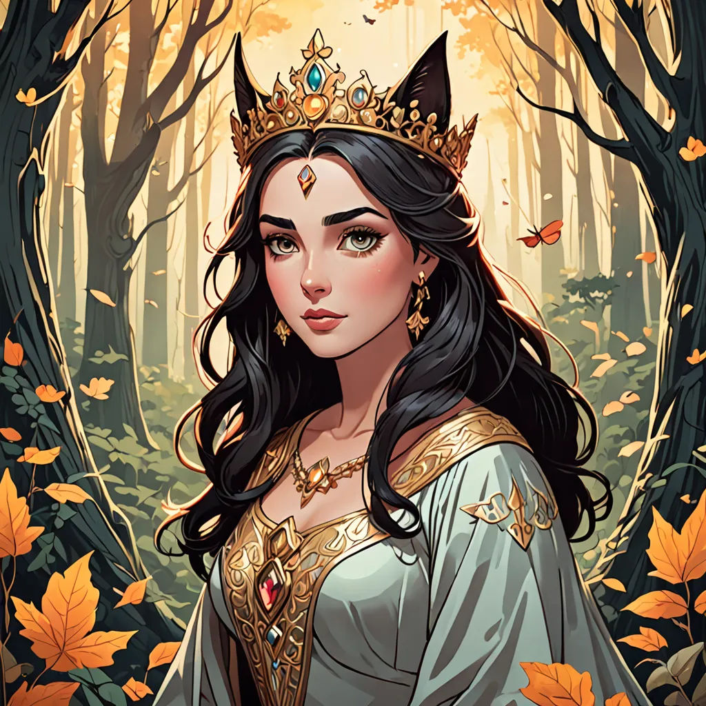 a woman in a crown and dress in a forest with leaves on the ground and a forest background with trees, fantasy art, a character portrait, Charlie Bowater, rossdraws global illumination