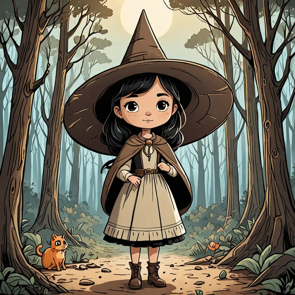 a little girl dressed in a witch costume standing in a forest with a cat and a full moon in the background, fantasy art, a character portrait, Colin Middleton, 2 d game art