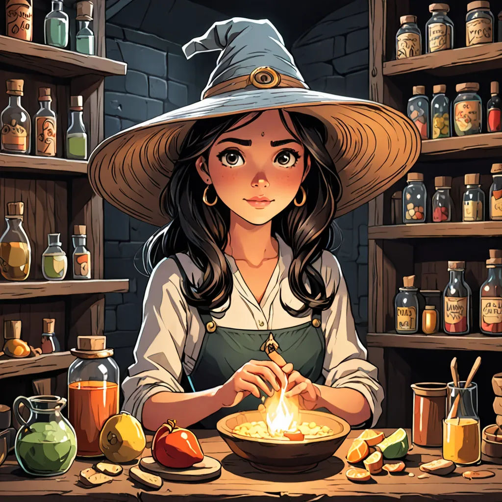 a woman in a witch costume is holding a bowl of food in front of a shelf full of bottles, fantasy art, a character portrait, Colin Middleton, game art