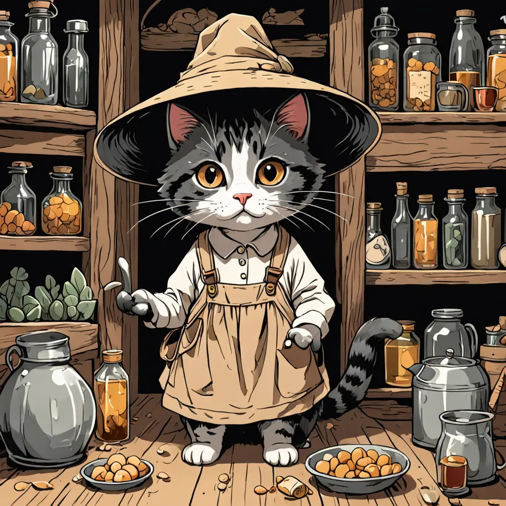 a cat dressed in a witch costume standing in front of a shelf full of jars and jars and a plate of food, fantasy art, a storybook illustration, Chris LaBrooy, magic the gathering artwork