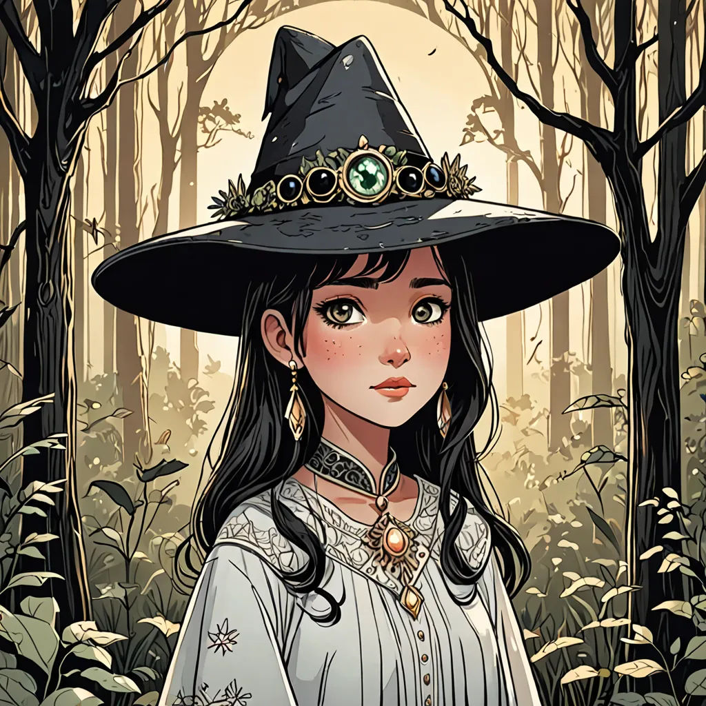 a girl in a witch hat in a forest with trees and plants in the background, with a green eye, fantasy art, a character portrait, Edgar Ainsworth, fantasy character portrait
