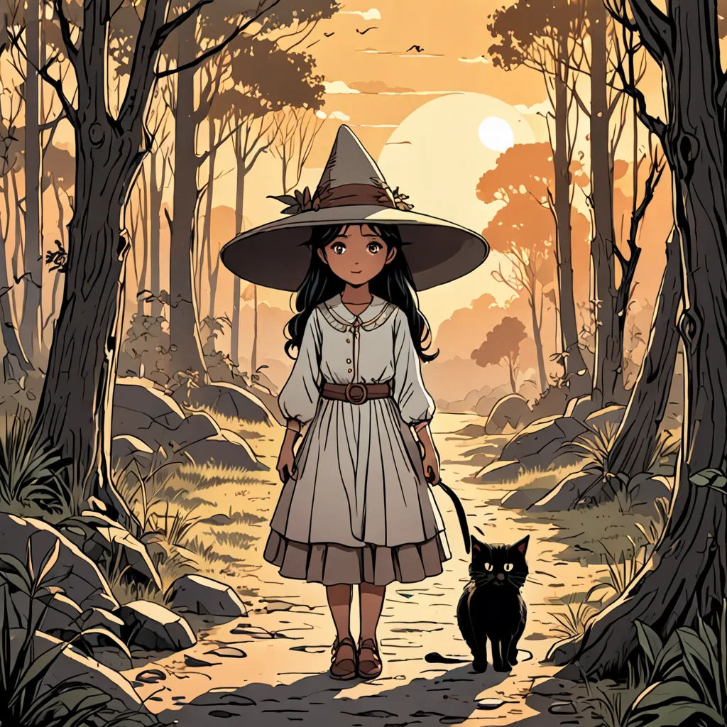 a girl in a witch costume walking a cat in a forest at sunset with a witch hat on her head, fantasy art, a character portrait, Colin Middleton, comic cover art