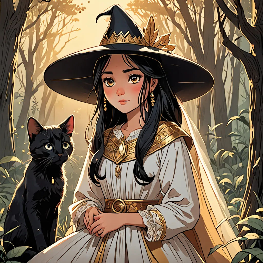 a girl in a white dress and a black cat in a forest with trees and leaves on the ground, fantasy art, a character portrait, Brom, official art