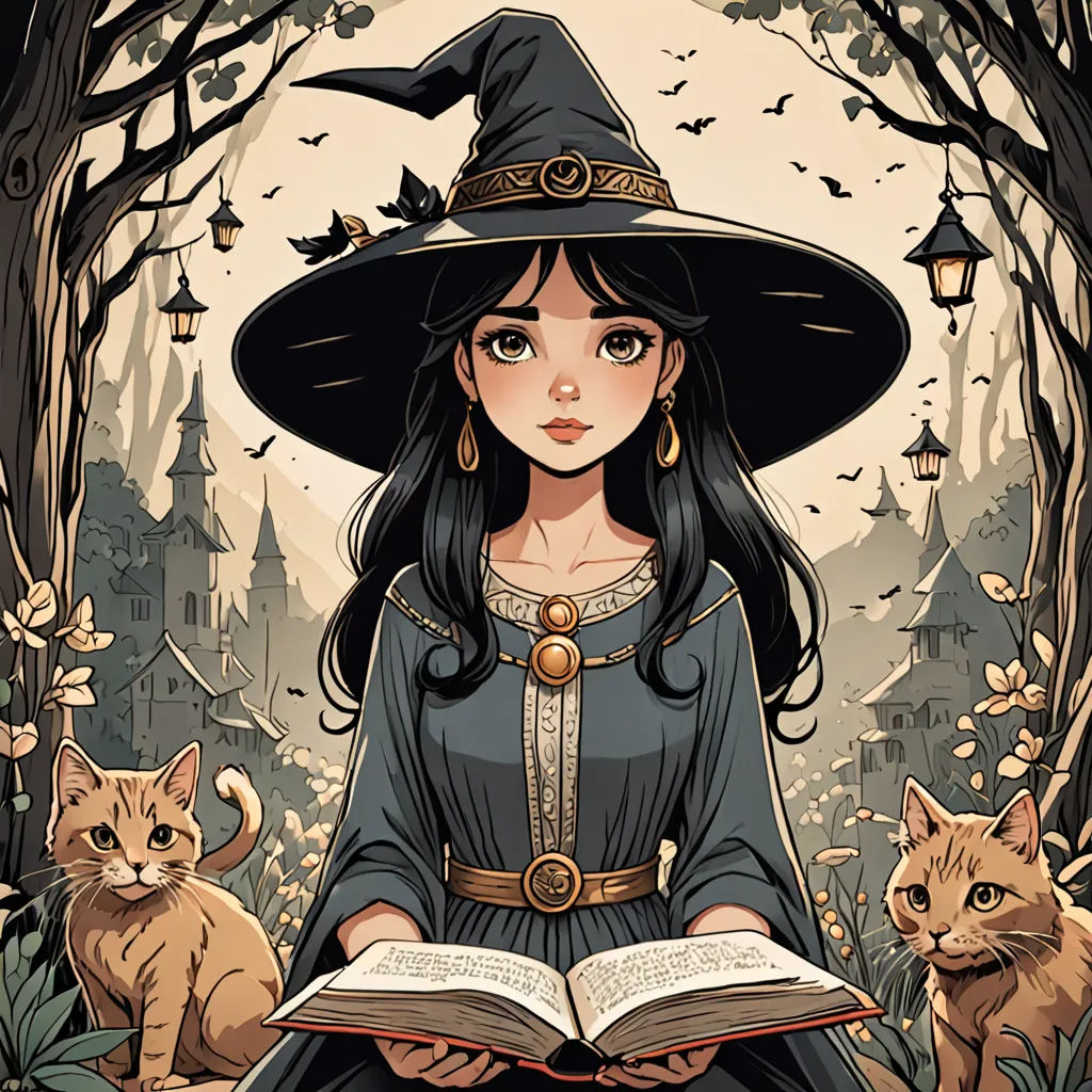 a woman in a witches costume reading a book with cats around her in a forest with a full moon, fantasy art, a storybook illustration, Colin Middleton, fantasy illustration