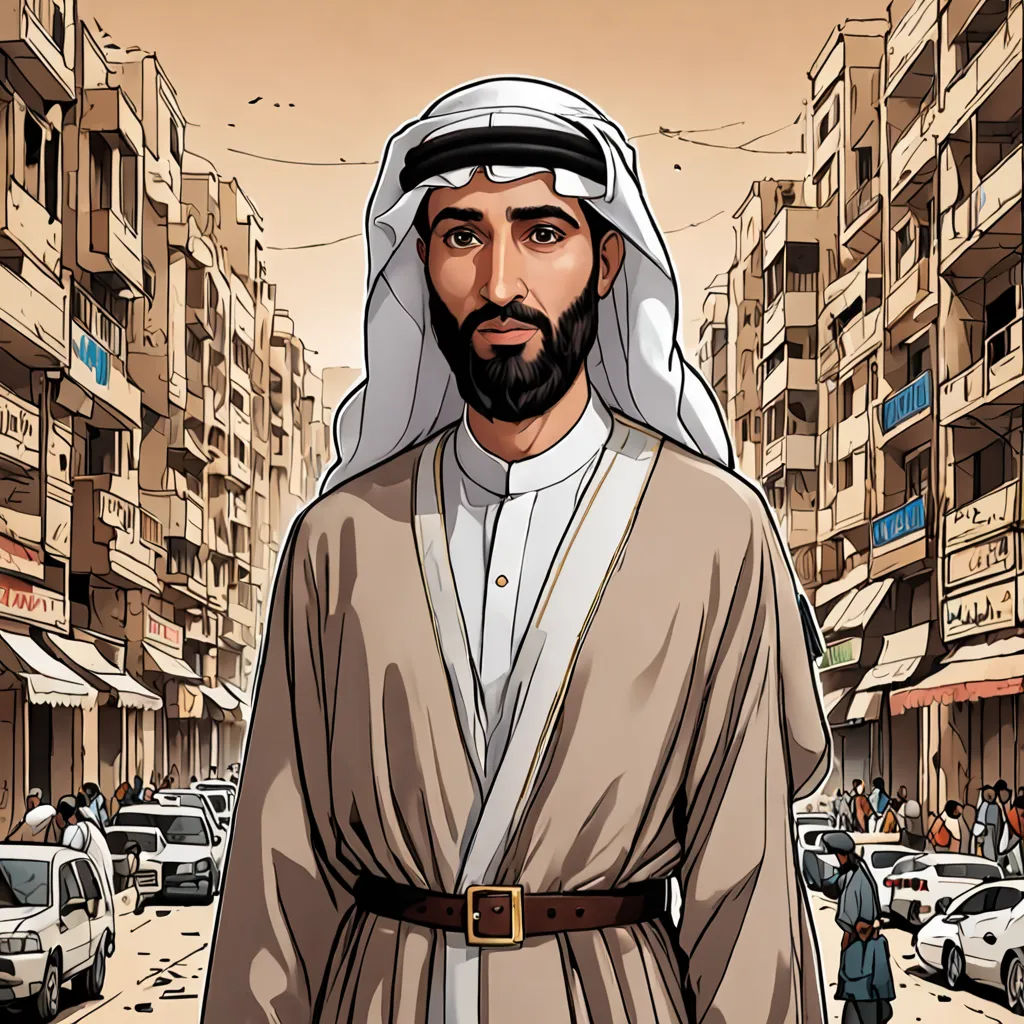 a man in a robe is standing in the street with cars and buildings in the background and a man in a brown robe is standing in the middle of the street, hurufiyya, a character portrait, Asaf Hanuka, graphic novel