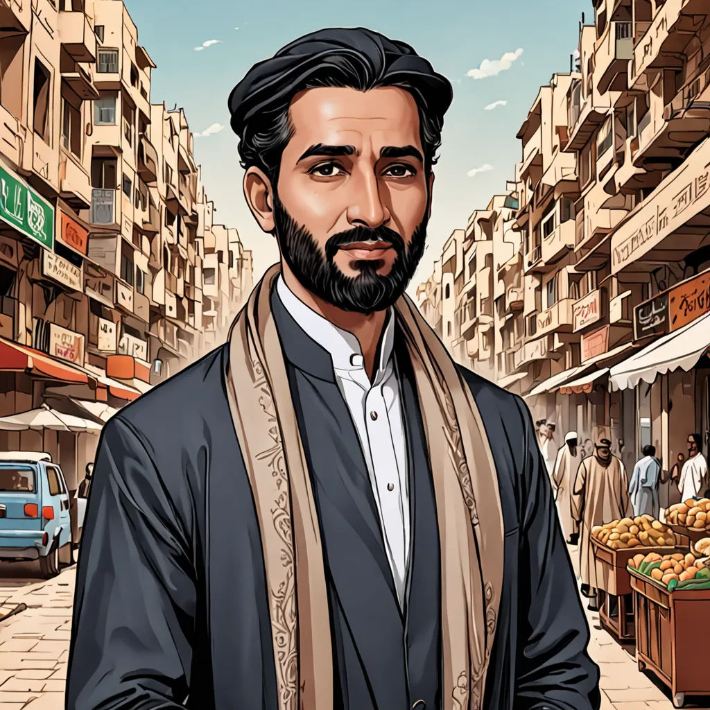 a man in a suit and scarf standing in front of a street with buildings and a car in the background, hurufiyya, a character portrait, Amir Zand, character portrait
