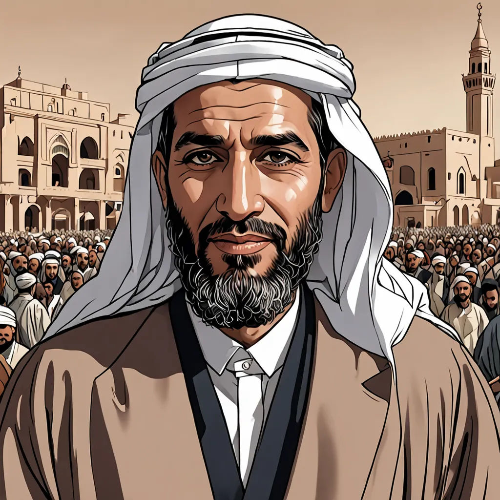 a man in a crowd of people wearing a headscarf and a suit with a beard and a beard, hurufiyya, a character portrait, Asaf Hanuka, graphic novel