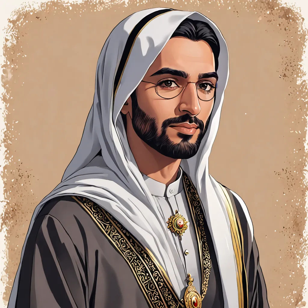 a man with a beard and glasses in a suit and tie with a gold trim around his neck and a white headband, hurufiyya, a character portrait, Altoon Sultan, character portrait
