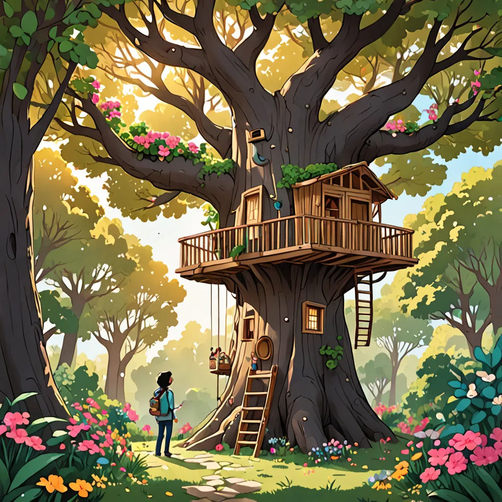 a tree house with a man standing in front of it and a ladder up to it's roof, fantasy art, a storybook illustration, Chris LaBrooy, storybook illustration