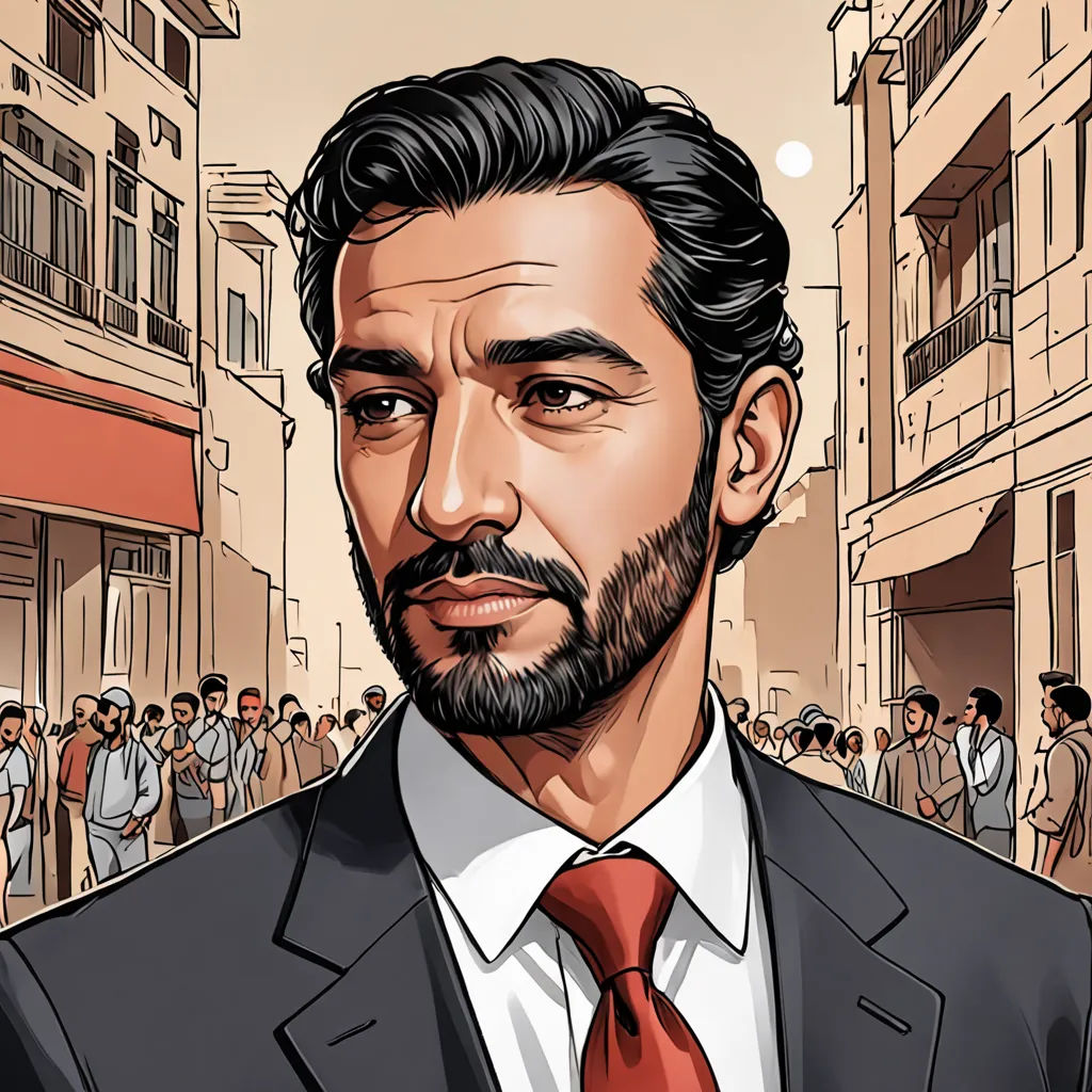 a man in a suit and tie standing in front of a crowd of people in a city street with buildings, serial art, a character portrait, Ahmed Karahisari, character portrait