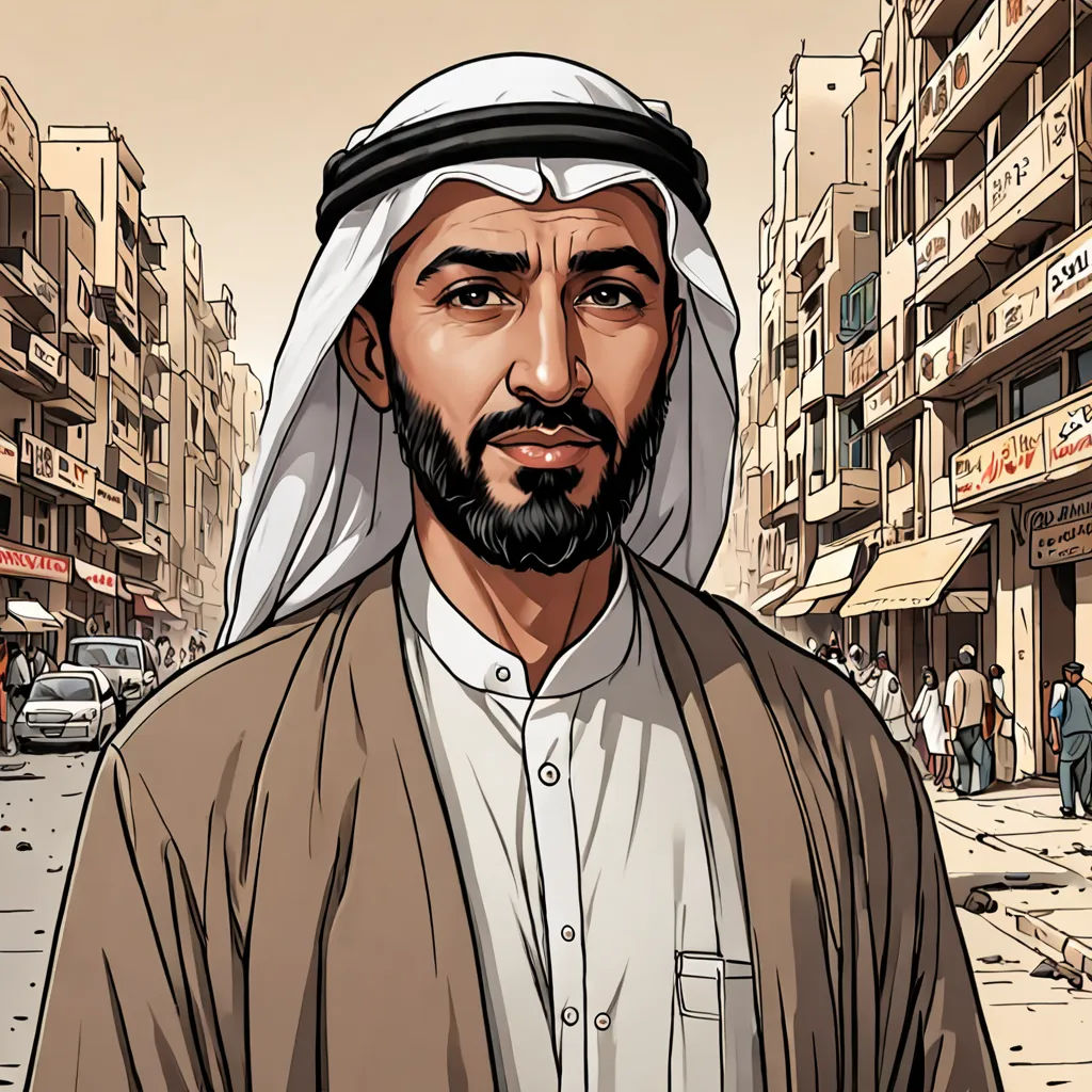 a man in a brown jacket and white headdress standing in front of a street with buildings and people, hurufiyya, a character portrait, Ahmed Karahisari, graphic novel