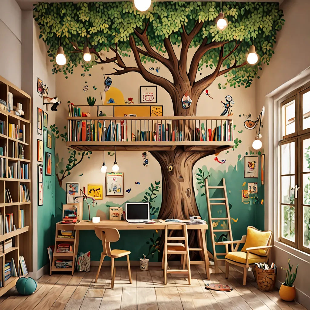 a room with a tree mural and a desk with a computer on it and a ladder to the tree, arts and crafts movement, a storybook illustration, Chris LaBrooy, art station